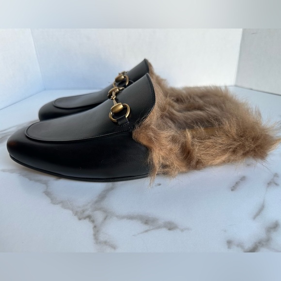 Gucci Princetown Black Leather Fur Loafer Slide Slip On Mule Slipper Flat 9 - Picture 6 of 14